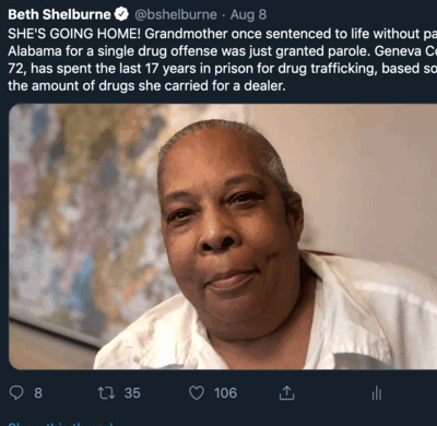 tweet about Geneva Cooley being granted parole