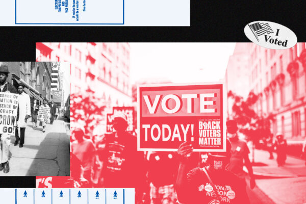 A colorful collage of images related to voting rights activism.