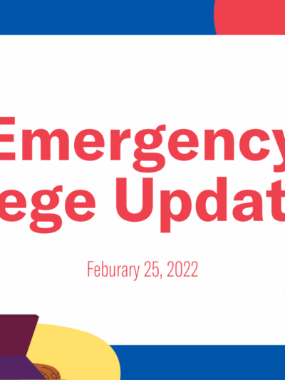A graphic showing 'Emergency Lege Update' with illustrations of an alarm, a woman reading a tablet, and a scale.