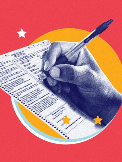 A red background containing white and gold stars, a large image of a hand with pen filling out a voting slip, white arrows, fill-in bubbles and the Capitol building.