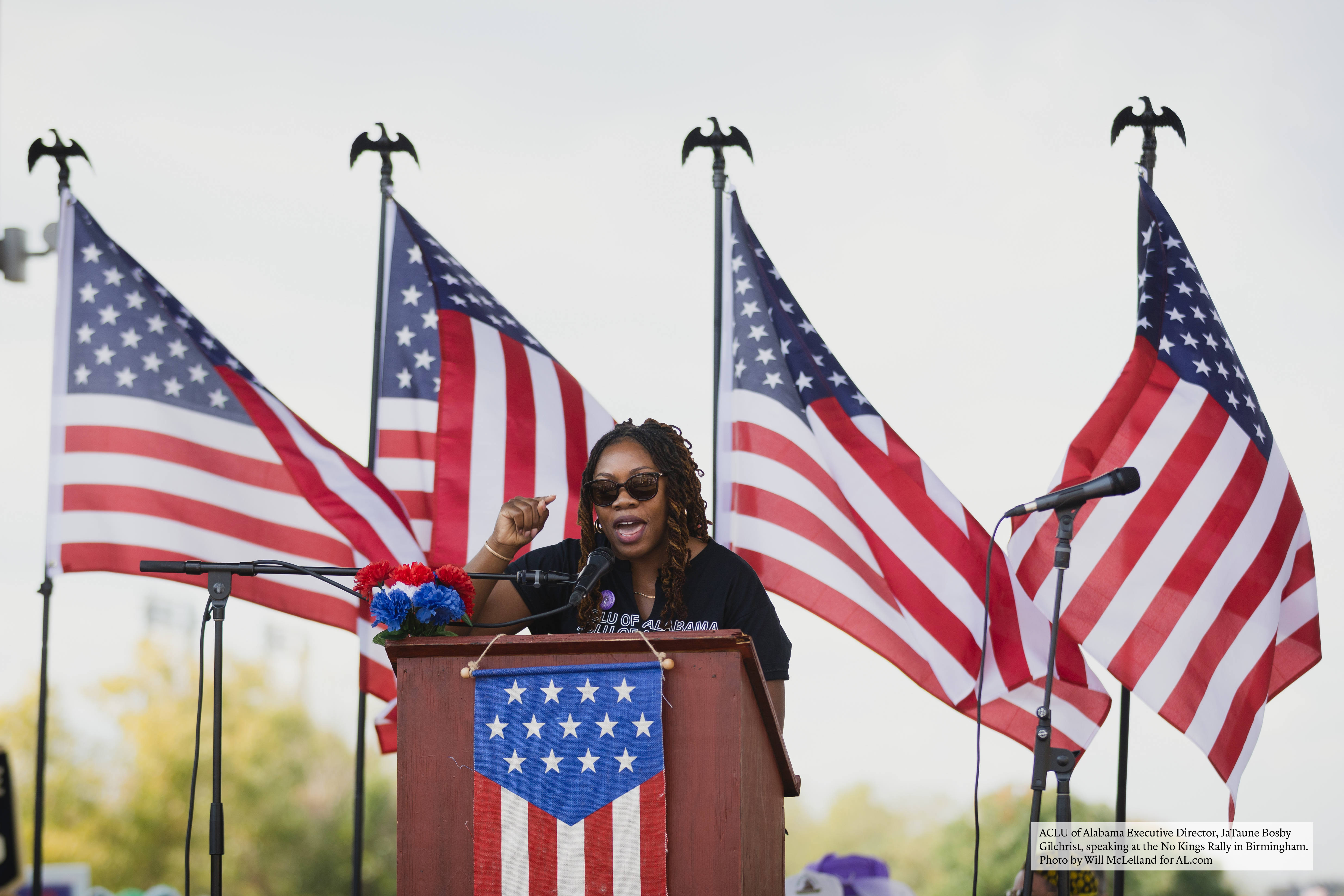 ACLU of Alabama Executive Director, JaTaune Bosby Gilchrist, speaking at the No Kings Rally in Birmingham. Photo by Will McLelland for ALcom