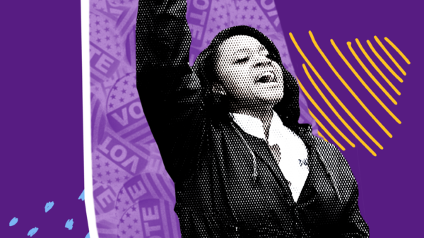 woman with raised fist in black and white over a cut out of the state of alabama