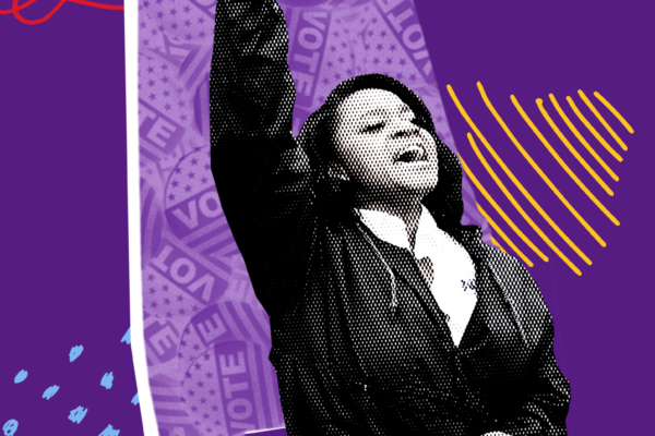 woman with raised fist in black and white over a cut out of the state of alabama