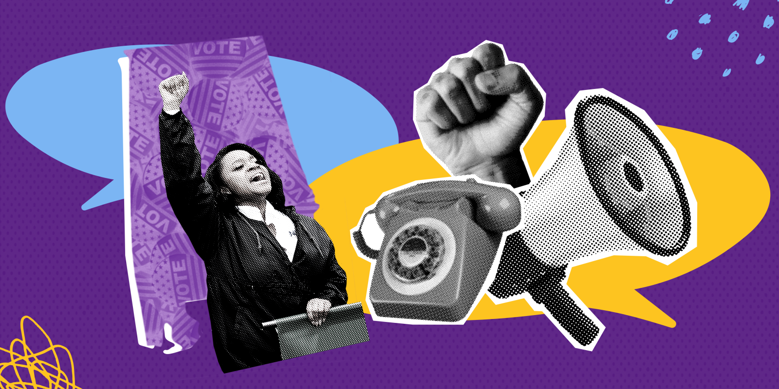 collage of megaphone, telephone, fist, and the state of alabama on a purple field