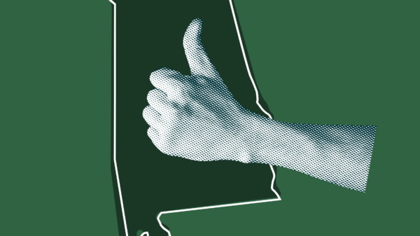 Thumbs up on green cut out of the shape of Alabama
