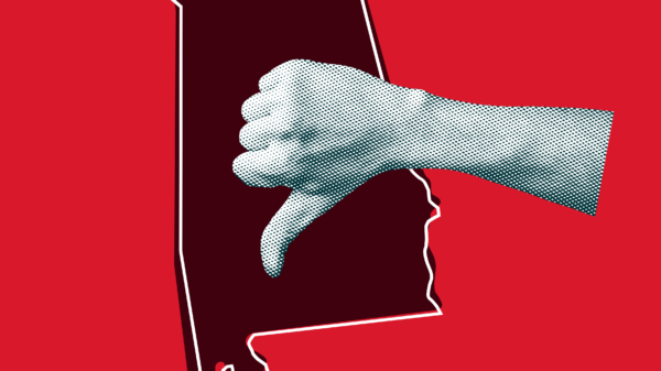 Thumbs down on red cut out of the shape of Alabama