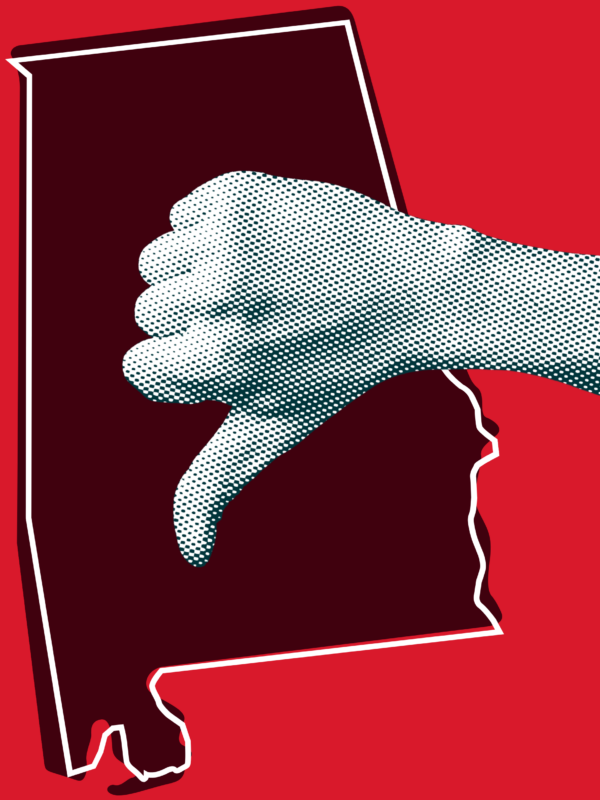 Thumbs down on red cut out of the shape of Alabama