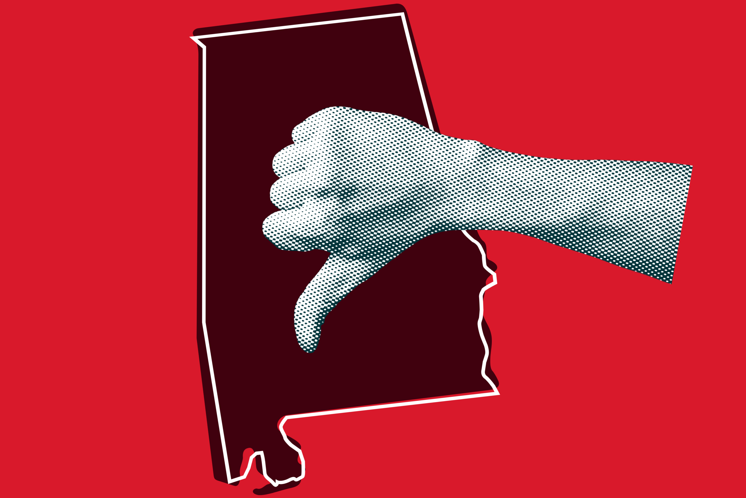 Thumbs down on red cut out of the shape of Alabama
