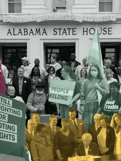collage of demonstrators with signs, people speaking at a podium, and the governor signing a bill in font of a picture of the alabama statehouse.