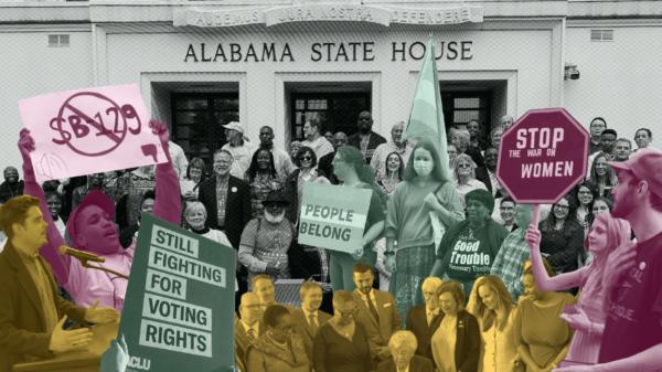 collage of demonstrators with signs, people speaking at a podium, and the governor signing a bill in font of a picture of the alabama statehouse.