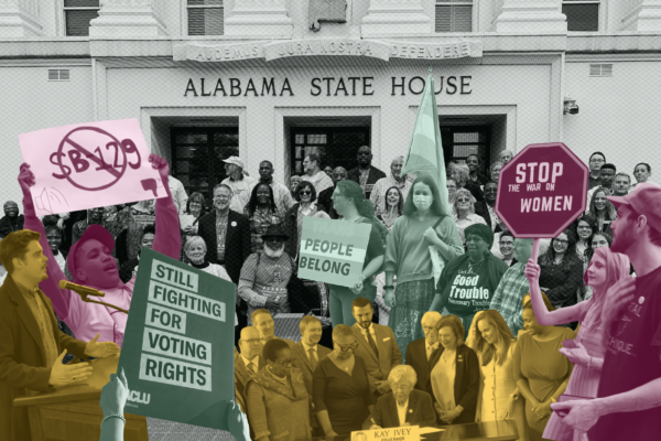 collage of demonstrators with signs, people speaking at a podium, and the governor signing a bill in font of a picture of the alabama statehouse.