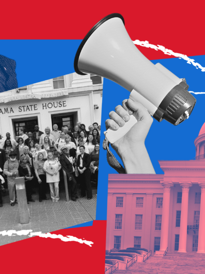 red and blue collage of the statehouse and crowds of people