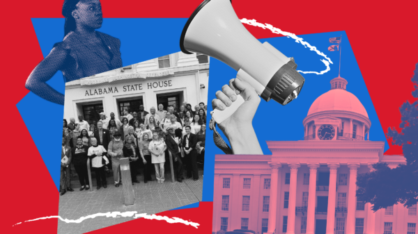 red and blue collage of the statehouse and crowds of people