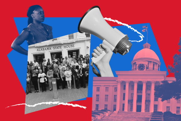 red and blue collage of the statehouse and crowds of people