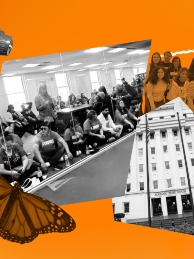 orange white and black collage of the statehouse and crowds of people
