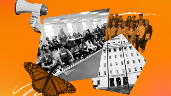 orange white and black collage of the statehouse and crowds of people