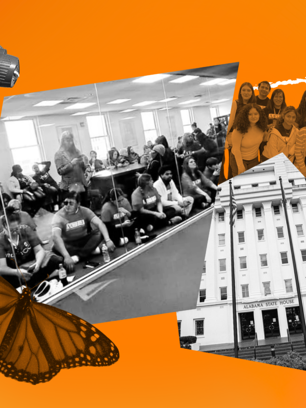 orange white and black collage of the statehouse and crowds of people