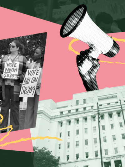 collage of protests and the statehouse on a green field