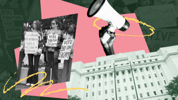 collage of protests and the statehouse on a green field