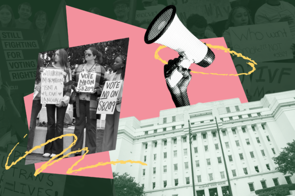 collage of protests and the statehouse on a green field