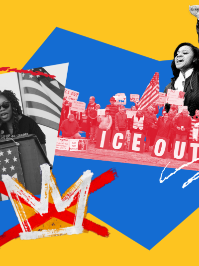 collage of protests on yellow field