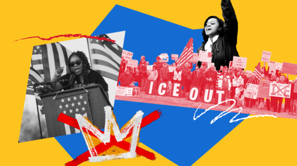 collage of protests on yellow field