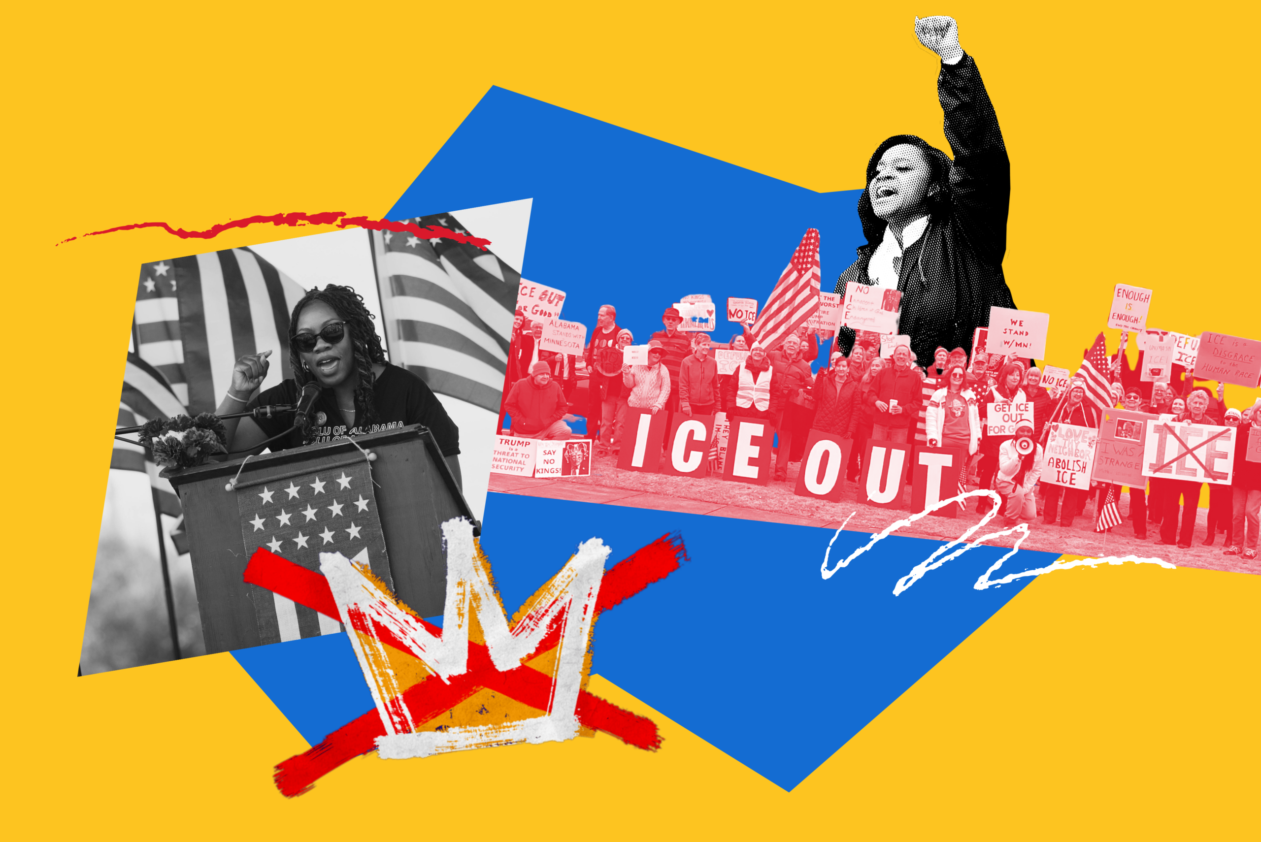 collage of protests on yellow field