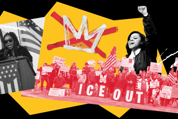 collage of protests on black and yellow field