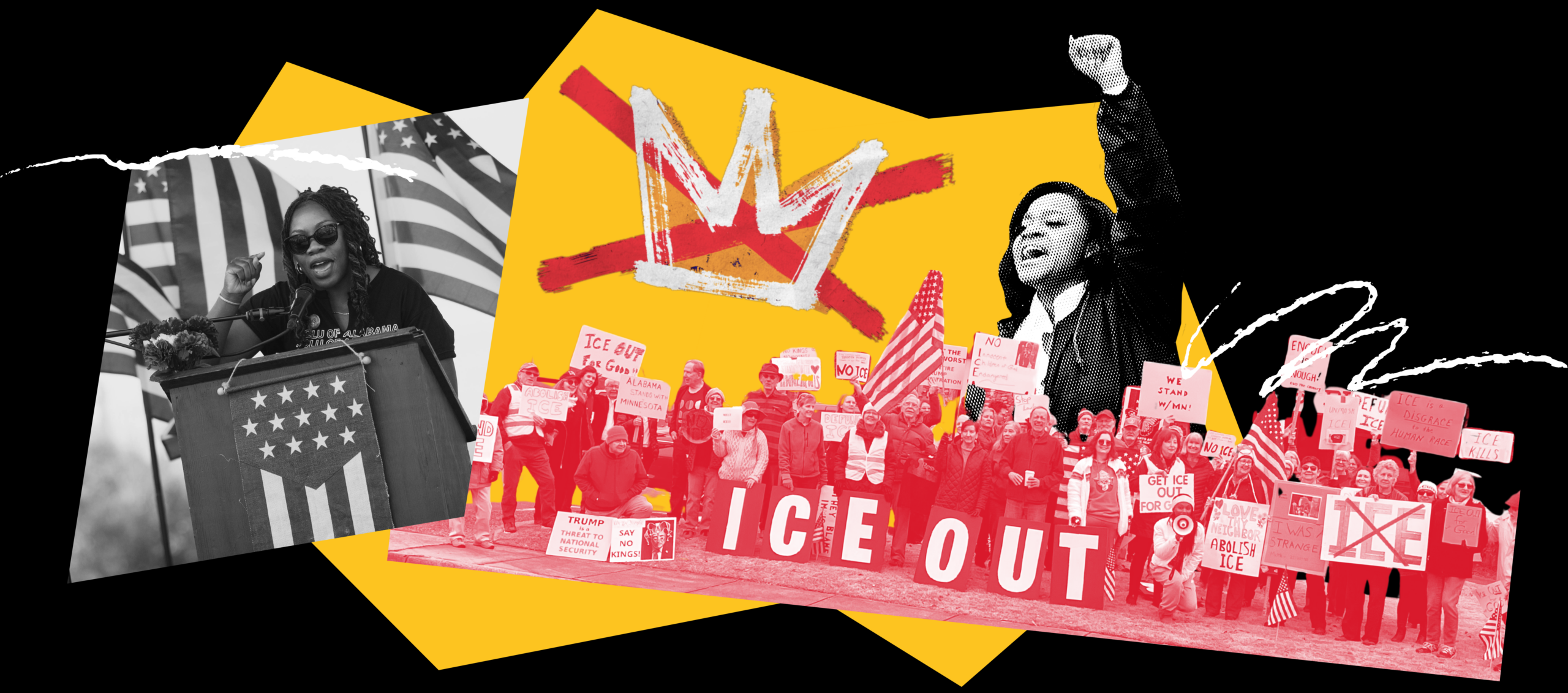 collage of protests on black and yellow field