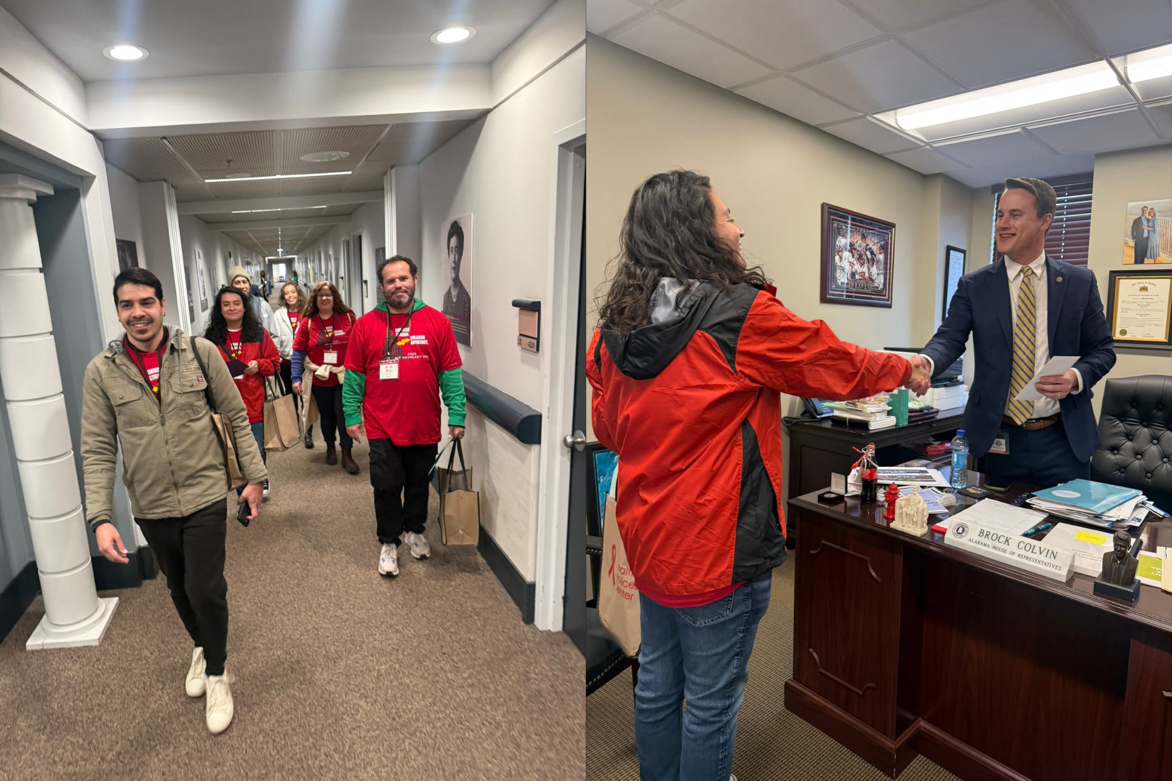 two images next to each other. one is a group of volunteers walking in the halls of the state house. the other is a volunteer shaking the hand of a state representative