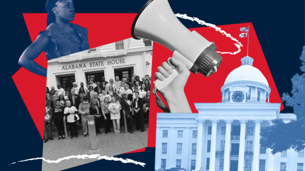 red and blue collage of the statehouse and crowds of people
