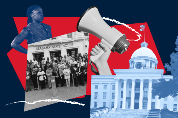 red and blue collage of the statehouse and crowds of people