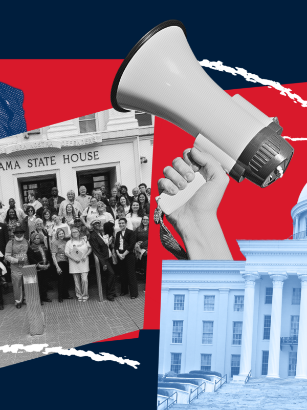 red and blue collage of the statehouse and crowds of people