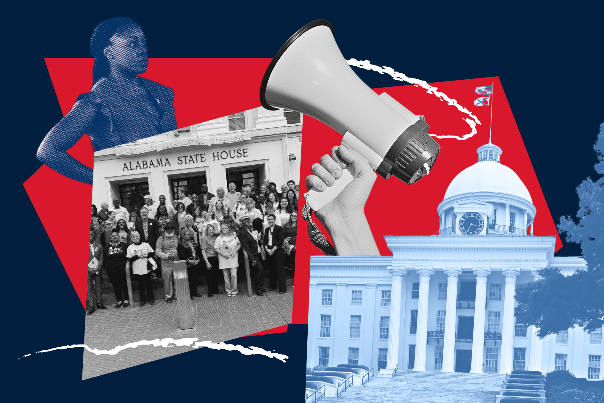 red and blue collage of the statehouse and crowds of people