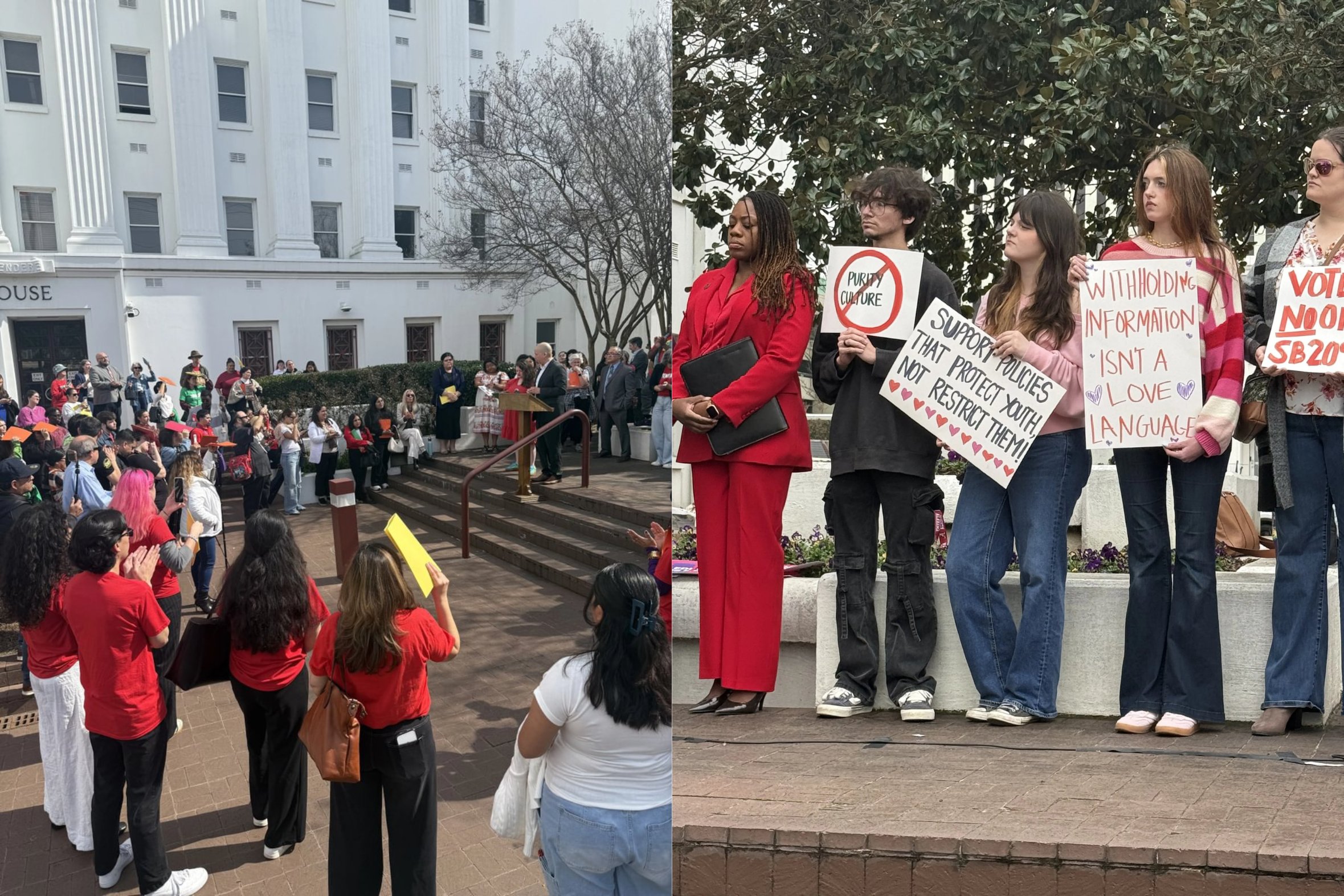 two photos side by side of Alabamians rallying on the state house steps