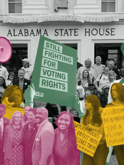 collage of demonstrators with signs, people speaking at a podium, and the governor signing a bill in font of a picture of the alabama statehouse.