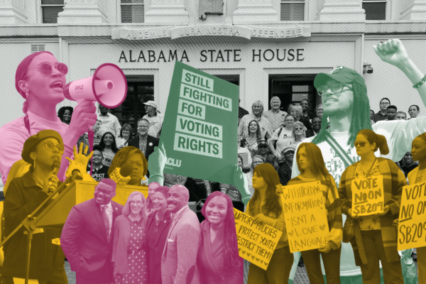 collage of demonstrators with signs, people speaking at a podium, and the governor signing a bill in font of a picture of the alabama statehouse.