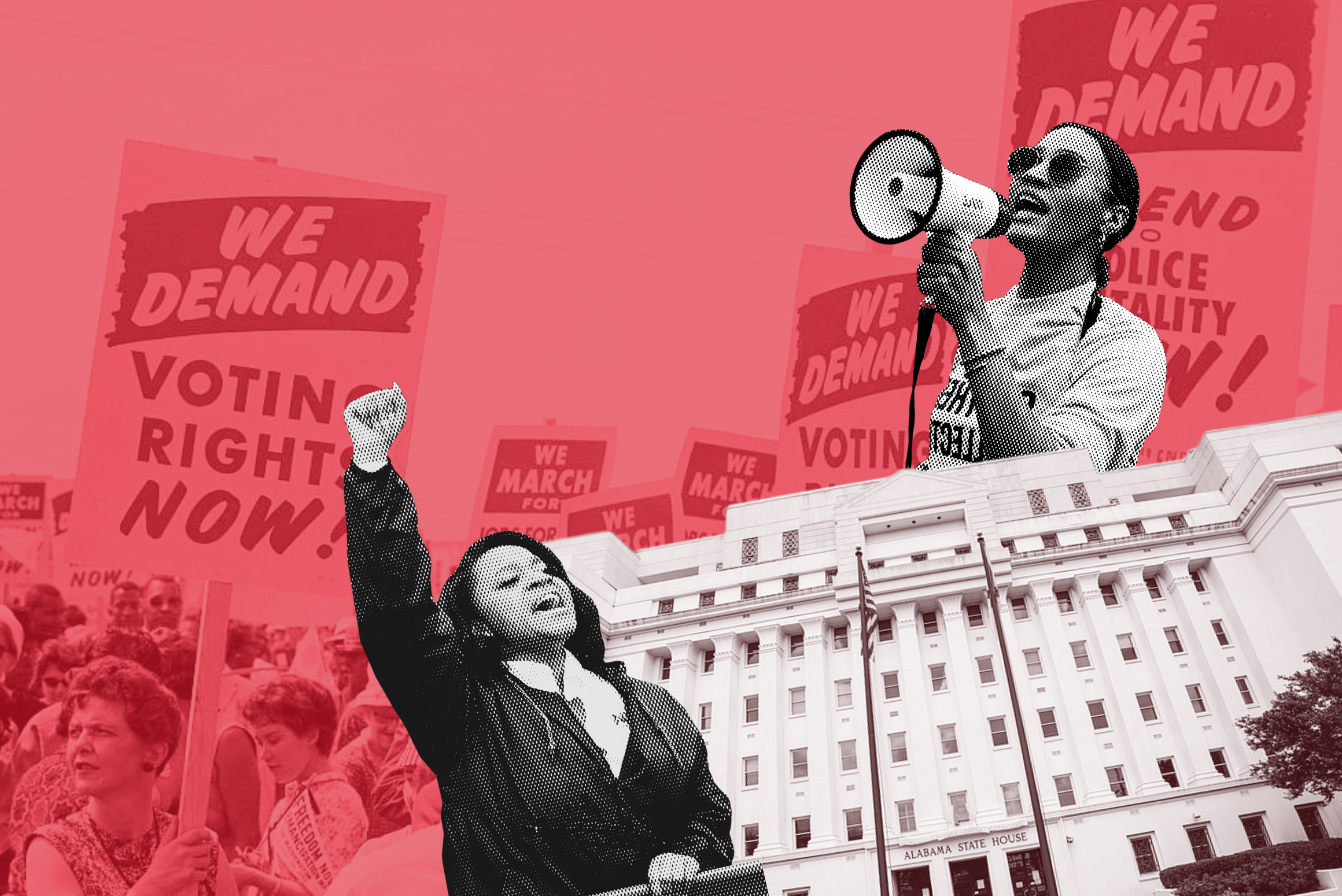 collage of vintage demonstrators with signs and modern day protestors at state house