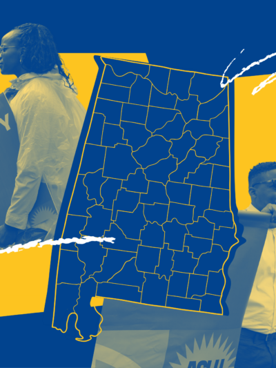 yellow and blue collage of the state and people marching