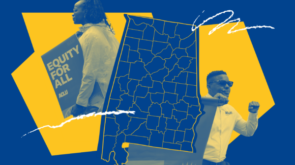 yellow and blue collage of the state and people marching