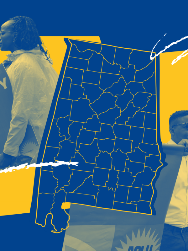 yellow and blue collage of the state and people marching