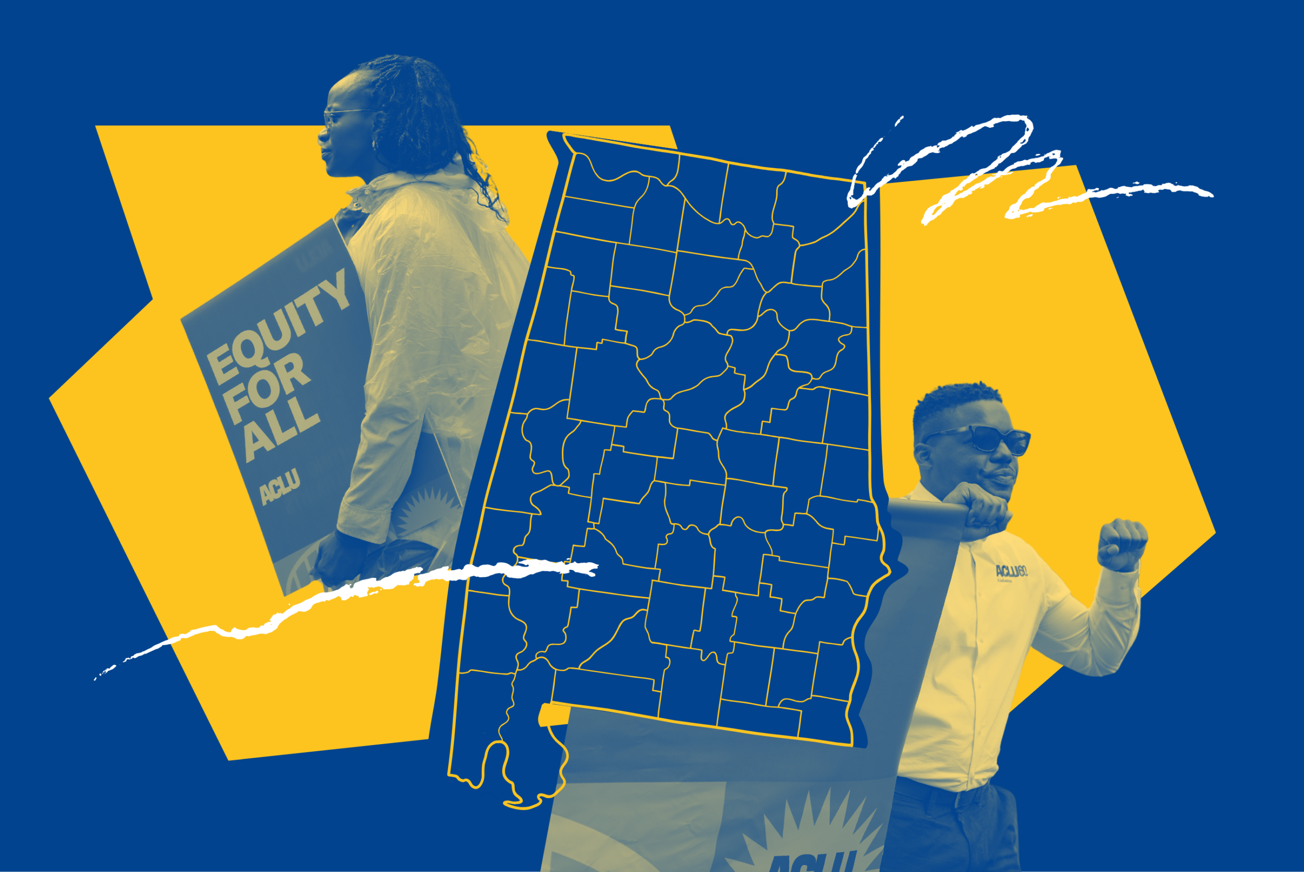yellow and blue collage of the state and people marching