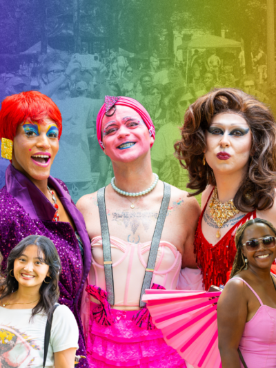 collage of drag queens and pride fest attendees over a rainbow field