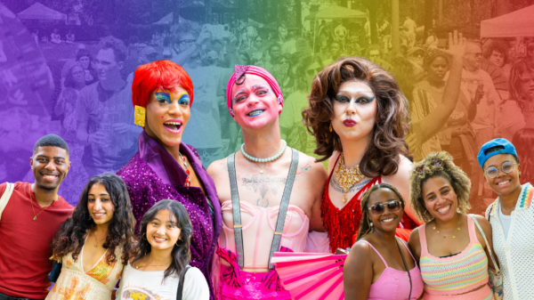 collage of drag queens and pride fest attendees over a rainbow field