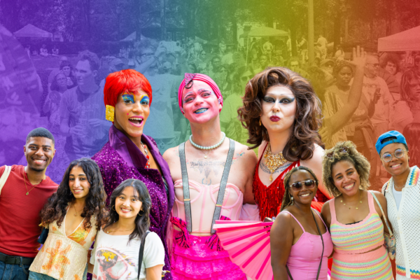 collage of drag queens and pride fest attendees over a rainbow field