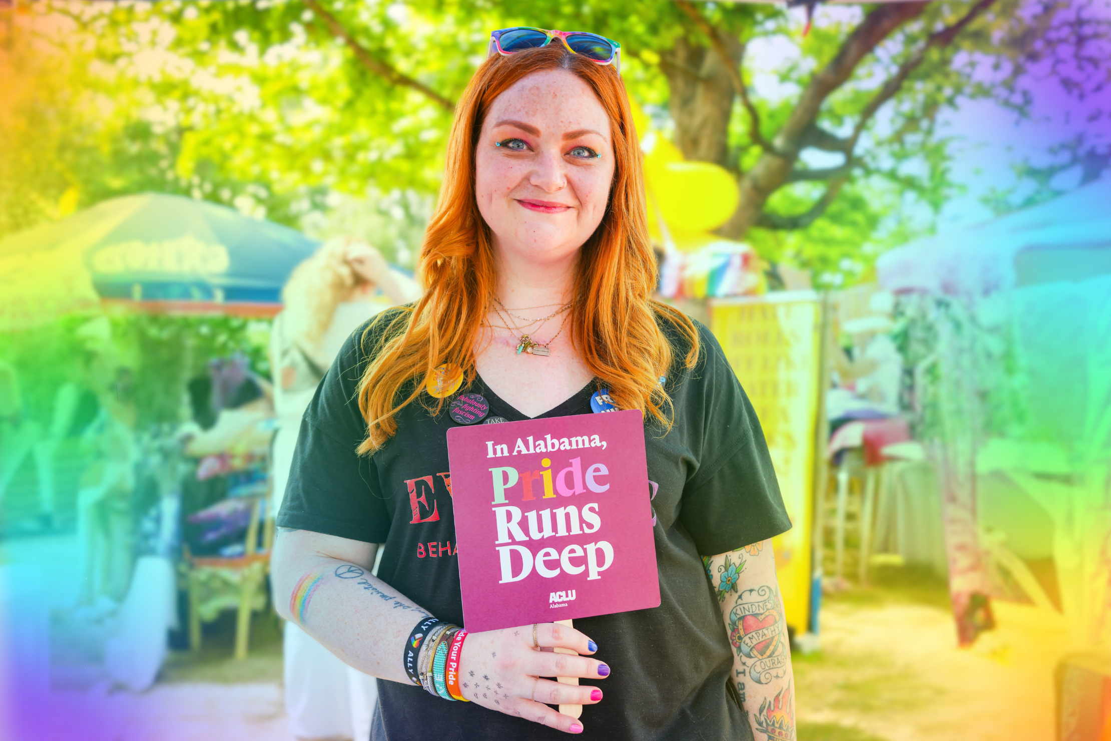 white woman with pride runs deep fan