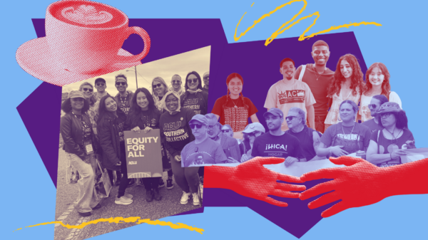 collage of people posing in a group and a coffee cup and hands reaching for hands
