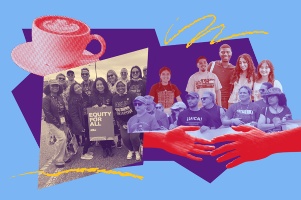 collage of people posing in a group and a coffee cup and hands reaching for hands