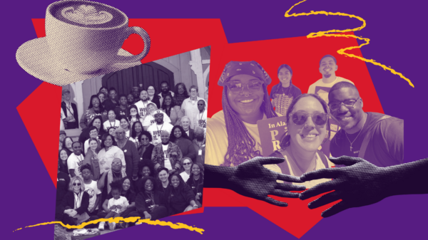collage of people posing in a group and a coffee cup and hands reaching for hands