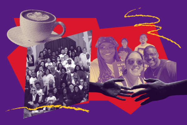 collage of people posing in a group and a coffee cup and hands reaching for hands
